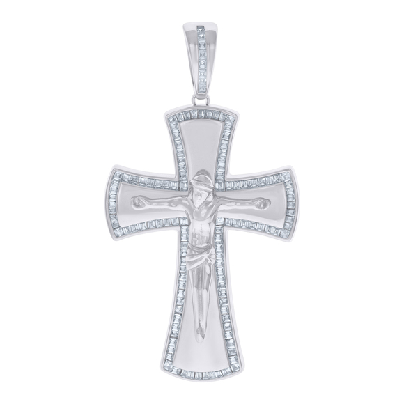925 Sterling Silver Mens Baguette Cubic-Zirconia Crucifix Cross Charm Pendant